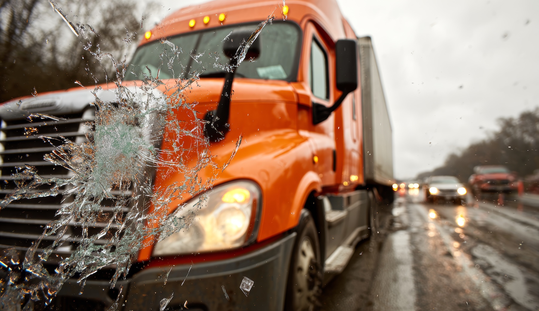 Close up of an 18-wheeler on the interstate with cracked glass effect