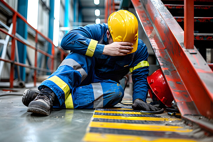 Injured worker in hard hat who has fallen on the job