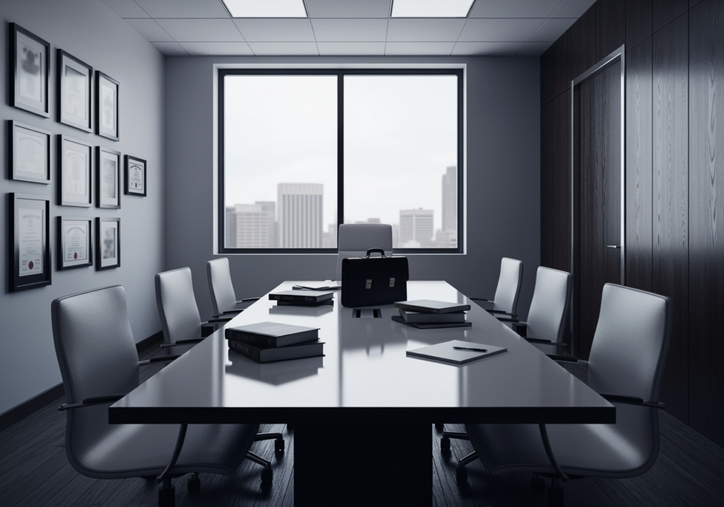 Grayscale image of an office with a city view through the far windows