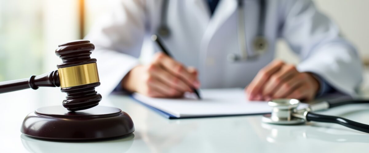 A close-up shot of a judge's gavel sitting on a table in front of a doctor writing on a document.