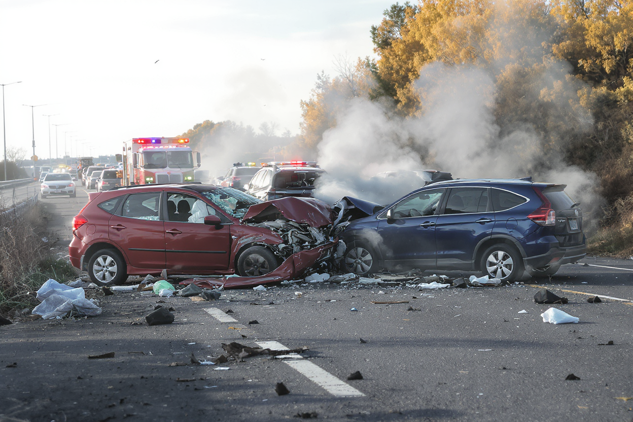 The aftermath of a head on crash between two sedans.