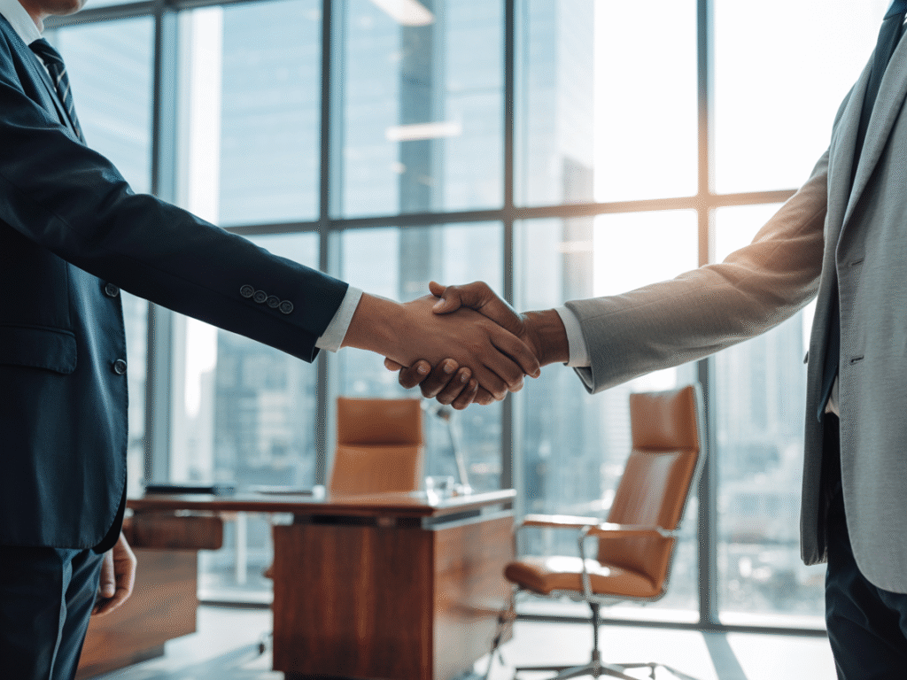 Lawyer and client shaking hands in legal office